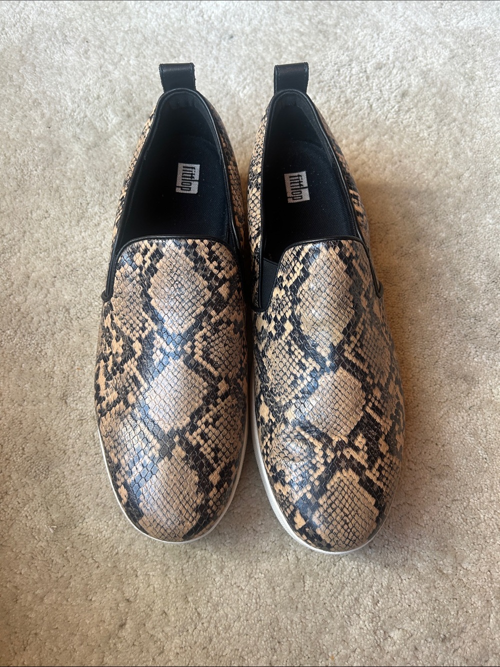 FitFlop Snake-Print Slip-Ons in Beige and Black